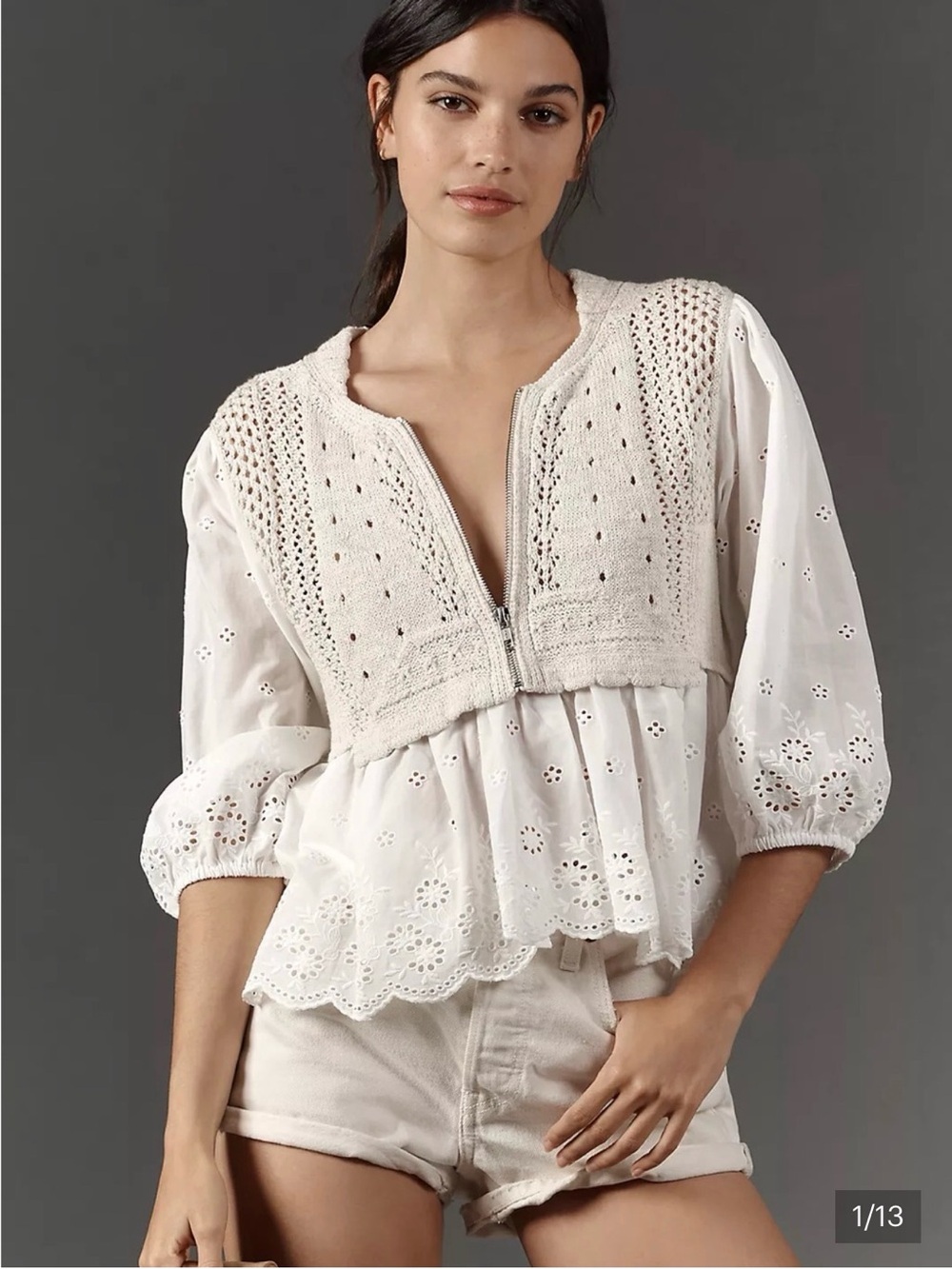 NWOT Anthropologie 1/2 Zip Sweater Eyelet Top - Picture 3 of 7